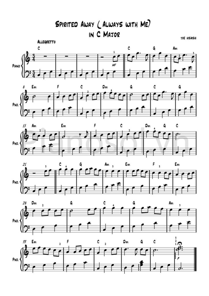Sheet Piano Always With Me Spirited Away Easy Free