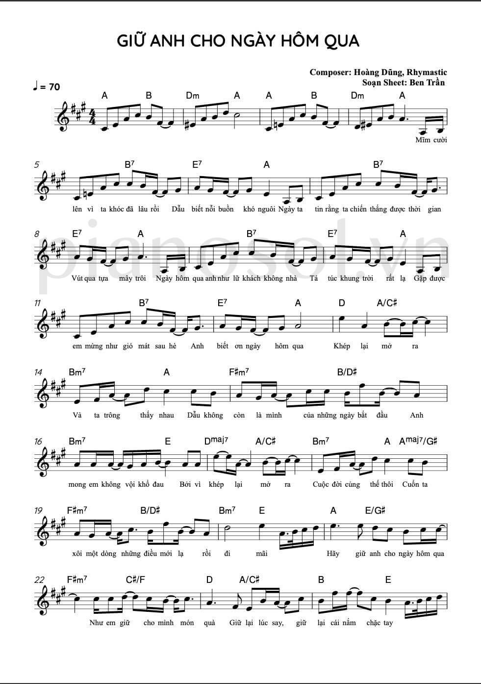 Sheet piano Giữ anh cho ngày hôm qua 1